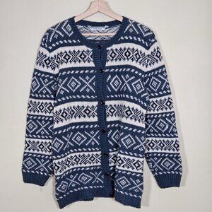 Over Pull Scandinavian Pattern Cardigan Womens L Blue White LS Cottage Lagenlook